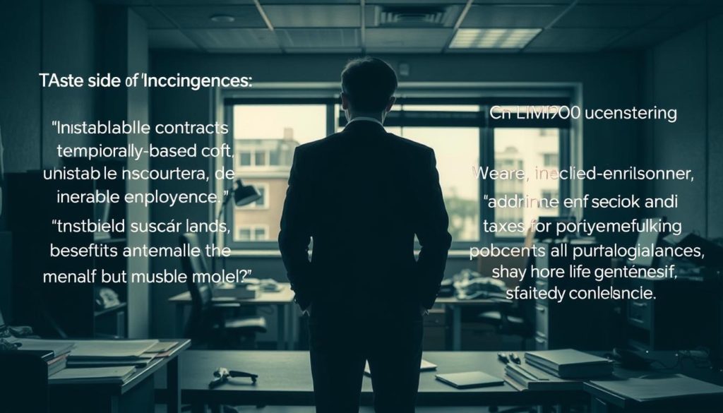 A dimly lit office space showcases the potential drawbacks of temporary employment under the Umalis Group. In the foreground, a weary professional contemplates the uncertainties of contract-based work - unstable income, limited benefits, and the burden of self-employment taxes. The middle ground reveals a cluttered desk, symbolizing the administrative complexities and paperwork associated with the "portage salarial" system. In the background, a window offers a glimpse of the outside world, hinting at the missed opportunities and work-life balance challenges faced by those in this employment model. The scene conveys a sense of unease and the need for careful consideration of the potential "inconvénients" inherent in this alternative work arrangement.