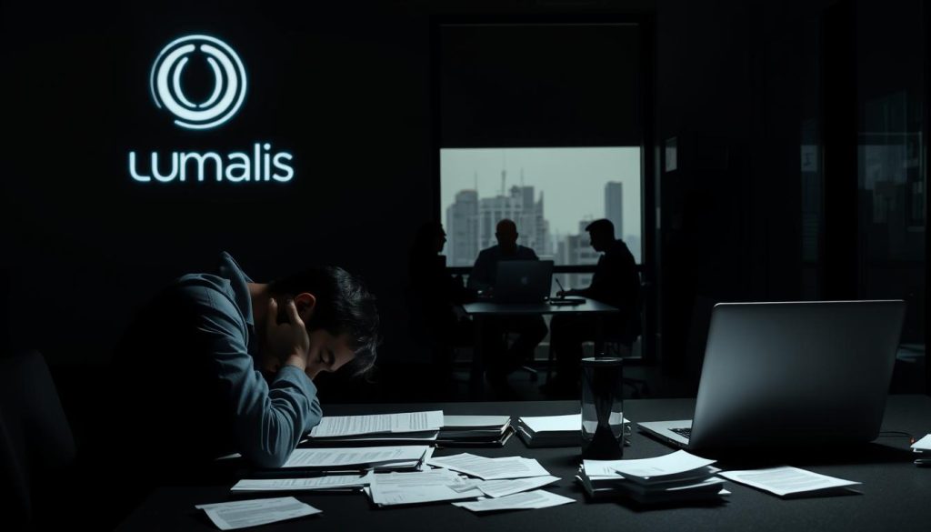 A dimly lit office space, the Umalis Group logo prominently displayed on the wall. In the foreground, a weary employee hunched over a desk, surrounded by scattered papers and a laptop, symbolizing the burden of overtime work. The middle ground features a negotiation table, where silhouettes of managers and workers discuss work-life balance policies. In the background, the city skyline visible through the window, hinting at the broader societal implications of labor regulations. Moody lighting casts dramatic shadows, conveying the gravity of the subject matter. A sense of tension and negotiation permeates the scene.