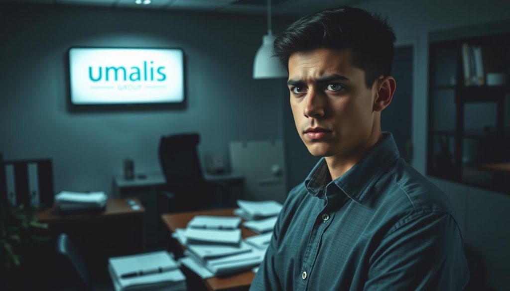 A dimly lit office space, the Umalis Group logo prominently displayed on the wall. In the foreground, a young professional stands, their face etched with concern, considering the complexities of "chômage portage salarial" - the unique challenges faced by those in temporary employment arrangements. The middle ground reveals a cluttered desk, papers and files scattered, reflecting the bureaucratic maze of navigating this specialized situation. The background casts a sense of unease, with shadows creeping in, hinting at the uncertainty and insecurity that often accompanies such employment circumstances. A moody, pensive atmosphere pervades the scene, capturing the essence of the "Situations Particulières et Cas Spécifiques" section of the article.