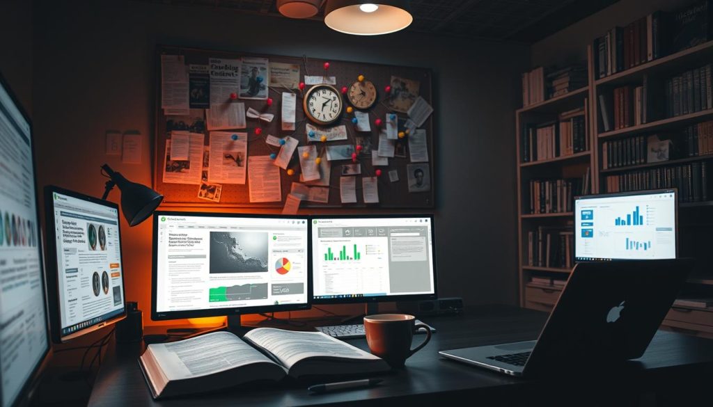 A dimly lit office space, the glow of multiple computer screens casting a soft light across the room. In the foreground, a desk with an open notebook, a cup of coffee, and a "Light Portage" brand laptop. On the screens, data visualizations, news articles, and market research charts - the tools of a competitive intelligence expert. The middle ground reveals a corkboard covered in news clippings, handwritten notes, and color-coded push pins, creating a web of insights. In the background, shelves laden with business strategy books and industry reports. The atmosphere is one of focused intensity, as the freelance professional carefully analyzes the competitive landscape to craft an effective strategy.