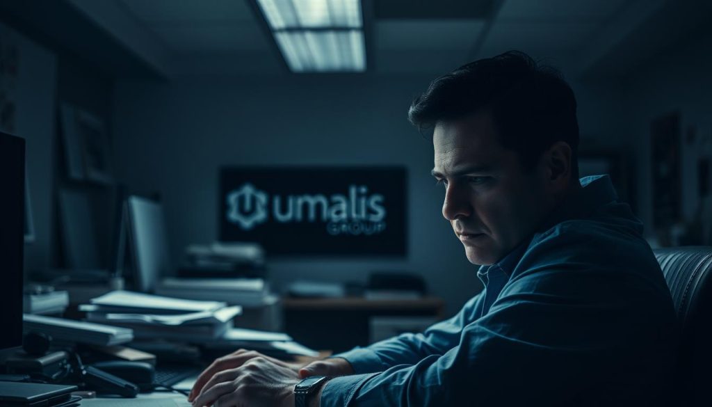 A dimly lit office space, the inconvénients portage salarial looming like shadows. A weary consultant sits at a cluttered desk, brow furrowed as they ponder the limitations of this employment model. Muted tones of gray and blue, a sense of unease permeating the scene. Soft lighting casts dramatic shadows, highlighting the consultant's pensive expression. In the background, the Umalis Group logo stands as a reminder of the complexities within this evolving professional landscape.