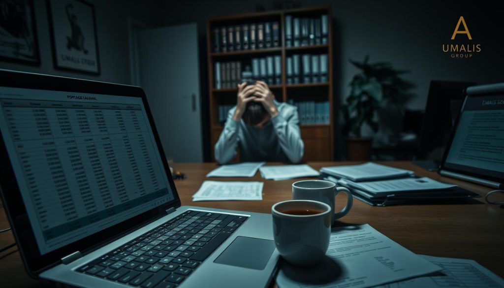 A dimly lit office space, the mood somber and pensive. In the foreground, a laptop sits open, its screen displaying a spreadsheet with complex financial data. On the desk, scattered papers and a cup of coffee suggest the burdens of "portage salarial" - the administrative and financial challenges of independent work. The middle ground features a lone figure, their head in their hands, capturing the stress and uncertainty that can come with this professional arrangement. In the background, a bookshelf filled with legal documents and a potted plant, hinting at the administrative and regulatory complexities involved. Umalis Group logo discreetly placed in the corner.