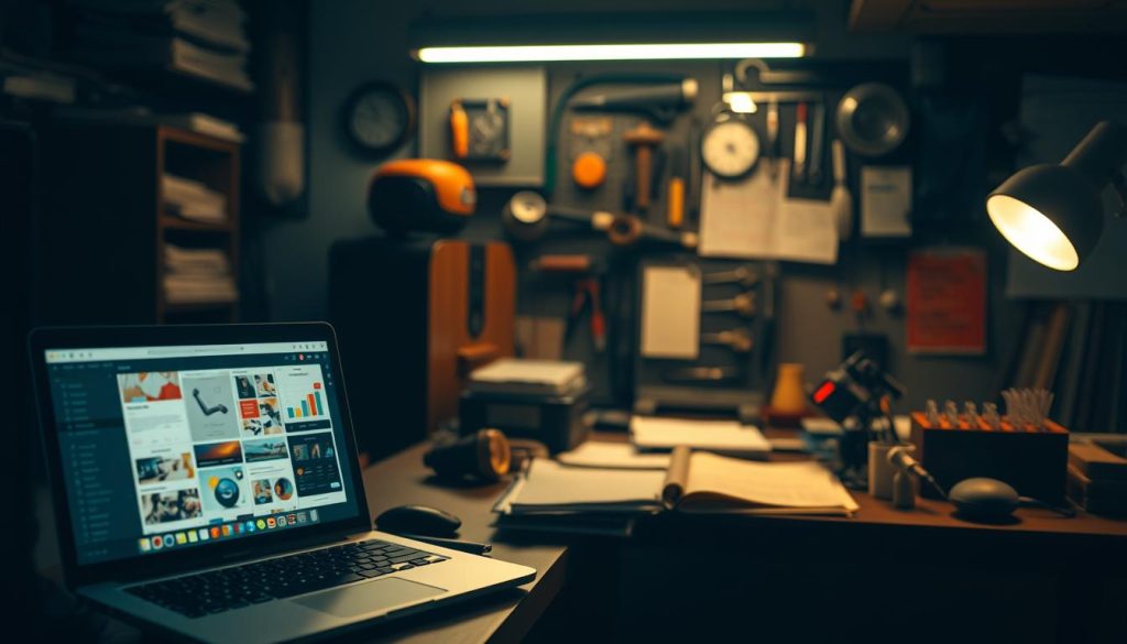 A dimly lit office space, the soft glow of task lighting illuminating a diverse array of contract work options. In the foreground, a laptop displays freelance projects, from web design to marketing campaigns. In the middle ground, a desk showcases invoices, contracts, and a calendar, symbolizing the administrative aspects of independent professional work. The background features an array of tools and equipment, hinting at the technical and creative skills required for various contract engagements. Warm tones and a sense of calm productivity pervade the scene, reflecting the stability and growth potential of this flexible work arrangement.