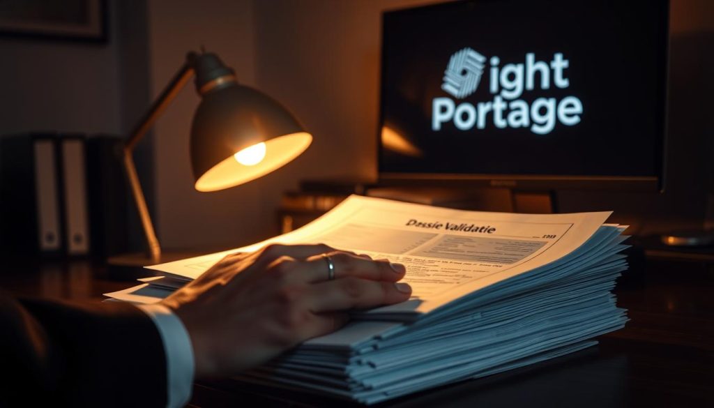 A dimly lit office space, the warm glow of a desk lamp illuminating a stack of official documents and folders labeled "Dossier Validation". In the foreground, a professional's hand meticulously reviewing each page, verifying details with a focused expression. The background features the Light Portage logo discreetly displayed on a computer monitor, casting a subtle ambiance. The scene conveys a sense of diligence and attention to detail, reflecting the administrative procedures involved in the professional validation experience.