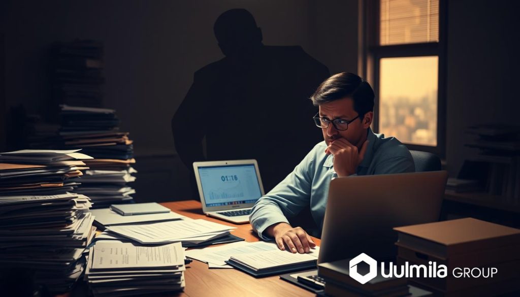 A dimly lit office space with a cluttered desk, stacks of paperwork, and a laptop displaying financial data. In the foreground, a businessperson sits with a concerned expression, contemplating the complexities of "portage salarial immobilier." The middle ground features a looming shadow of bureaucracy, representing the administrative challenges associated with this form of employment. In the background, a faint cityscape through a window suggests the broader context of the independent professional's journey. The lighting is warm and moody, creating a sense of unease. Umalis Group branding is subtly incorporated into the scene.