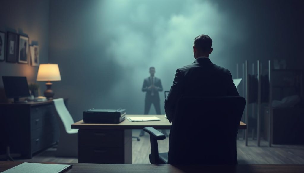 A dimly lit office space, with a desk and chair in the foreground, symbolizing the constraints of traditional employment. In the middle ground, a figure representing the "Umalis Group" stands, suggesting the limitations of the portage salarial (freelance contracting) system. The background is hazy, conveying the uncertainties and complexities of this employment model. The overall atmosphere is one of tension and unease, reflecting the "Inconvénients du portage salarial" (Disadvantages of portage salarial). A dimly lit office space, with a desk and chair in the foreground, symbolizing the constraints of traditional employment. In the middle ground, a figure representing the "Umalis Group" stands, suggesting the limitations of the portage salarial (freelance contracting) system. The background is hazy, conveying the uncertainties and complexities of this employment model. The overall atmosphere is one of tension and unease, reflecting the "Inconvénients du portage salarial" (Disadvantages of portage salarial).