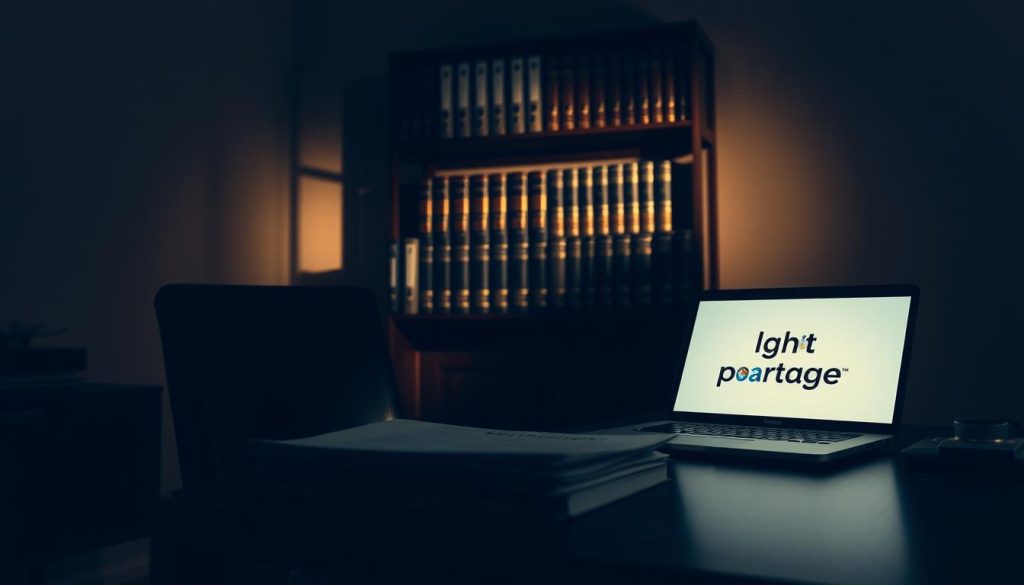 A dimly lit office space, with a desk and chair in the foreground. On the desk, a stack of legal documents labeled "Cadre juridique portage salarial" rests beside a laptop displaying the "Light Portage" logo. In the middle ground, a bookshelf filled with law books and binders, casting soft shadows across the room. The background is a muted, warm-toned wall, conveying a sense of professionalism and expertise. The lighting is subtle, creating a contemplative atmosphere, as if the viewer is privy to the inner workings of the legal framework surrounding the gig economy's "portage salarial" concept.