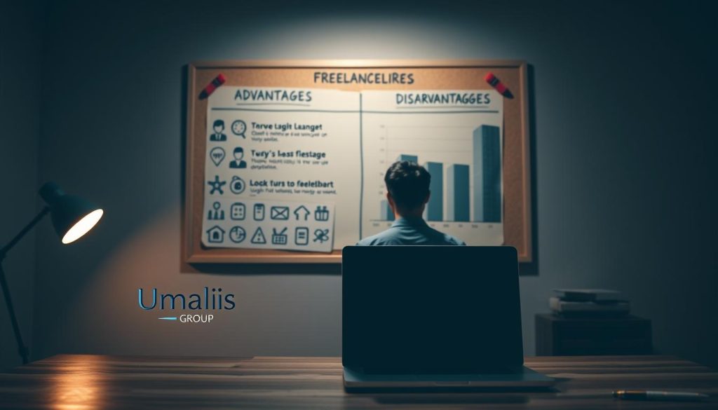 A dimly lit office space, with a laptop and a pen on a wooden desk. On the wall, a corkboard displays both advantages and disadvantages of the freelance lifestyle, represented by icons and symbols. The foreground showcases the Umalis Group logo, symbolizing the support and resources available to freelancers. The middle ground features a freelancer contemplating their career path, while the background depicts a blurred cityscape, hinting at the flexibility and independence of the freelance lifestyle. The overall atmosphere is one of introspection and balance, with a subtle color palette that evokes the complexities of the freelance experience.