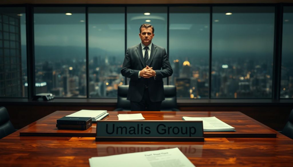 A dimly lit office space, with a large mahogany desk in the foreground. On the desk, a nameplate reads "Umalis Group" and scattered documents hint at the transitional process. In the middle ground, a well-dressed executive stands, hands clasped, surveying the scene with a pensive expression. The background is blurred, but suggests a panoramic city view, conveying the sense of a high-level management position navigating the complexities of a corporate transition. The lighting is soft and warm, creating an atmosphere of thoughtful contemplation.