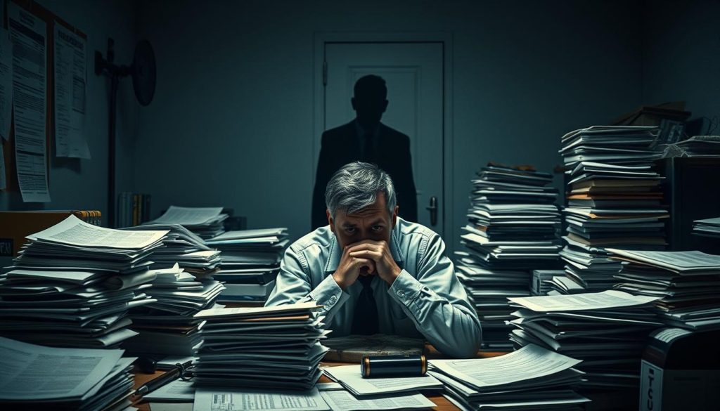 A dimly lit office space, with a sense of unease and frustration. In the foreground, a person sitting at a cluttered desk, their expression weary as they grapple with the complexities of the "Umalis Group" freelance employment model. The middle ground reveals stacks of paperwork, invoices, and legal documents, hinting at the administrative burden and bureaucratic hurdles. In the background, a shadowy figure, representing the uncertainty and lack of stability that can come with this type of employment. The overall atmosphere is one of tension, highlighting the "inconvénients portage salarial" that freelancers may face. A dimly lit office space, with a sense of unease and frustration. In the foreground, a person sitting at a cluttered desk, their expression weary as they grapple with the complexities of the "Umalis Group" freelance employment model. The middle ground reveals stacks of paperwork, invoices, and legal documents, hinting at the administrative burden and bureaucratic hurdles. In the background, a shadowy figure, representing the uncertainty and lack of stability that can come with this type of employment. The overall atmosphere is one of tension, highlighting the "inconvénients portage salarial" that freelancers may face.