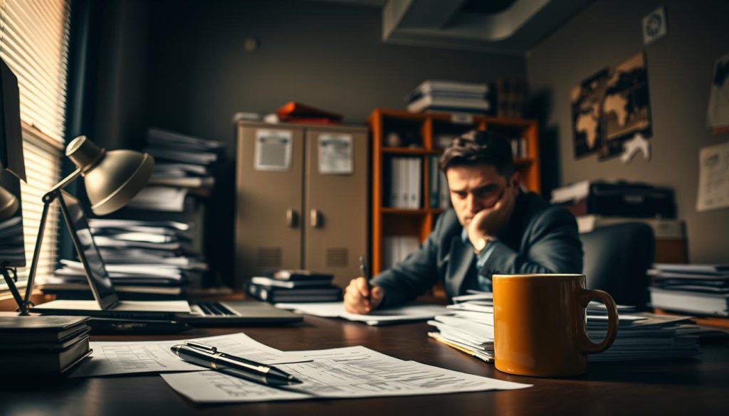 A dimly lit office space, with a weary-looking professional sitting at a cluttered desk, surrounded by stacks of paperwork and a laptop. The atmosphere is one of frustration and burden, conveying the "Les Inconvénients du Portage Salarial" theme. Warm, muted lighting casts shadows, creating a somber, introspective mood. In the foreground, a pen and paper symbolize the administrative tasks and bureaucratic challenges faced by the "Umalis Group" freelancer. The middle ground features a coffee mug, a symbol of the long hours and mental strain. In the background, a filing cabinet and bookshelves suggest the complex legal and financial considerations of this employment model.