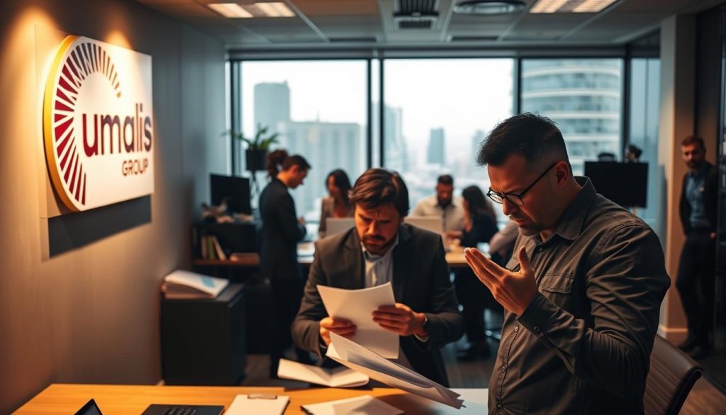 A dimly lit office space, with the Umalis Group logo prominently displayed on the wall. In the foreground, a stressed-looking individual, papers clutched in their hands, surrounded by a flurry of activity. The middle ground features a team of professionals, each focused on their task, creating a sense of urgency and collaboration. The background showcases a backdrop of modern office equipment and a window overlooking a cityscape, suggesting the high-pressure nature of emergency management. Warm lighting casts a sense of intensity, while the neutral color palette conveys a sense of professionalism. The overall scene depicts the daily management of emergency situations, as the Umalis Group team works tirelessly to ensure the safety and security of their clients.