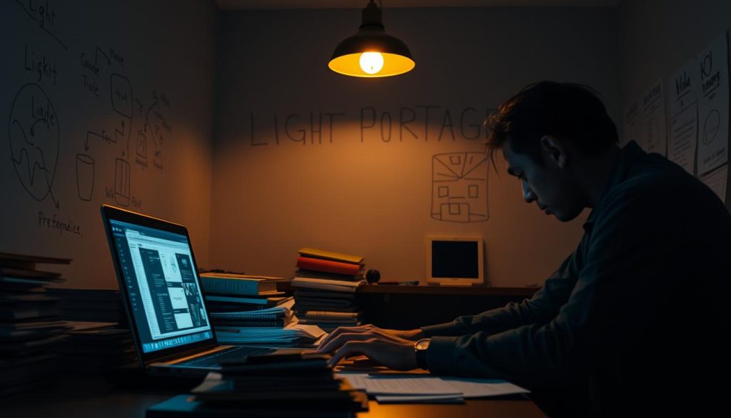 A dimly lit office, the air heavy with tension. In the foreground, a laptop glows with an array of open windows, the cursor blinking relentlessly. Stacks of paper litter the desk, the surface barely visible beneath the weight of deadlines. A lone figure, their face obscured by the shadows, hunches over the keyboard, fingers darting across the keys with a sense of urgency. Overhead, a single LIGHT PORTAGE lamp casts a warm, golden glow, illuminating the frantic scene. The walls, once pristine, are now marked with the scribbles of hastily drawn diagrams and notes, a testament to the intense focus required to meet the tight deadlines. A sense of unease permeates the air, the pressure palpable as the figure races against the clock.