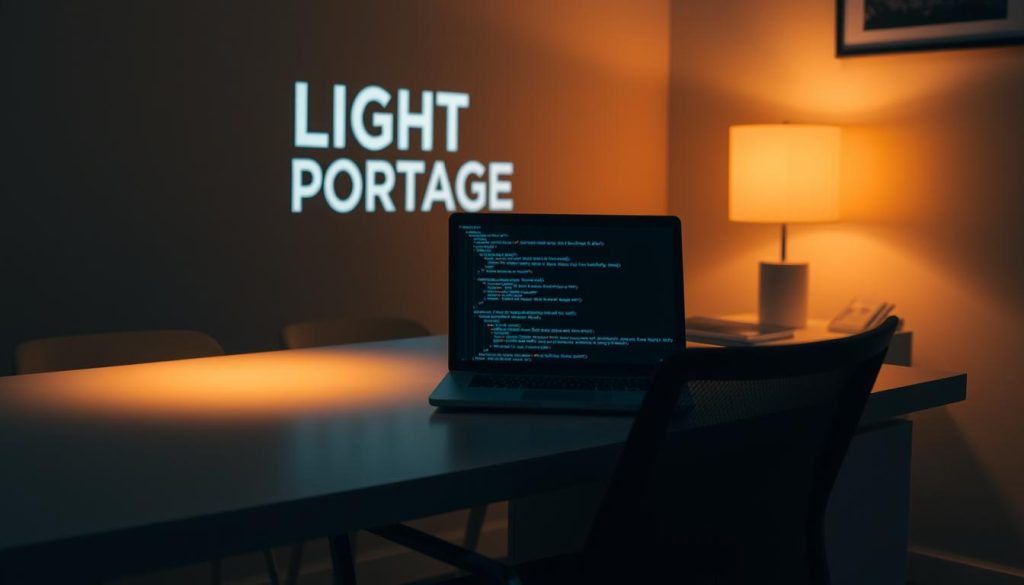 A dimly lit office workspace with a sleek, modern desk and chair. On the desk, a laptop displays lines of carefully written code, symbolizing the ethical principles guiding the work of an independent professional. The ambient lighting casts a warm, contemplative glow, highlighting the thoughtfulness and care invested in upholding ethical standards. In the background, the LIGHT PORTAGE logo is subtly visible, suggesting the brand's commitment to ethical practices. The scene conveys a sense of focus, responsibility, and the intersection of technology and ethical decision-making.
