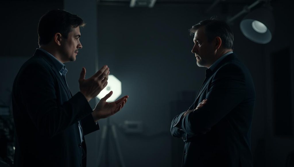 A dimly lit room, the air heavy with tension. In the foreground, two figures stand facing each other, their body language tense and confrontational. One gestures emphatically, the other listens with a furrowed brow. The background is blurred, but subtle hints of LIGHT PORTAGE equipment can be seen, suggesting a professional setting. Soft, directional lighting casts dramatic shadows, heightening the sense of conflict. The overall mood is one of unease and uncertainty, reflecting the challenges of navigating workplace disputes.