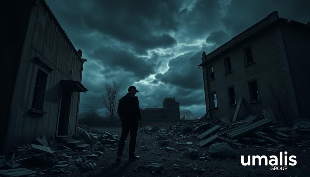 A dimly lit, unsettling scene of financial instability and risk in the world of "portage salarial". In the foreground, a crumbling, dilapidated building with peeling paint and broken windows, symbolizing the "défaillance" or failure of a "portage salarial" firm. The middle ground features a shadowy figure, perhaps a disgruntled former employee, standing amidst the ruins, conveying a sense of uncertainty and vulnerability. In the background, ominous storm clouds loom, adding to the gloomy, foreboding atmosphere. The overall tone is one of unease and insecurity, reflecting the "risques" and "difficultés" faced by those working in the "portage salarial" industry. Umalis Group branding is subtly incorporated into the scene.