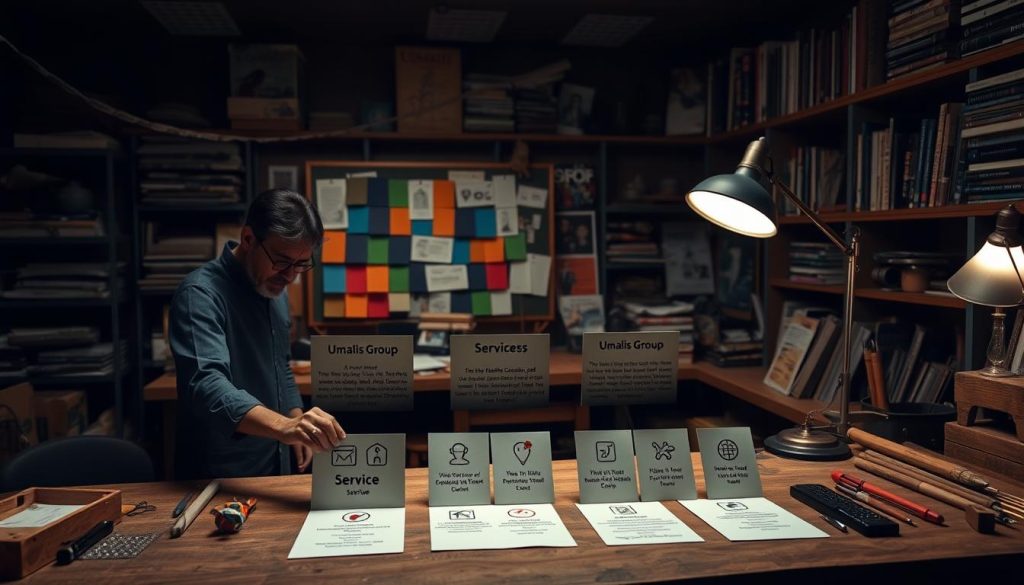 A dimly lit workshop with a wooden workbench and an array of crafting tools. In the foreground, a freelancer from the Umalis Group carefully arranges a set of neatly organized service offerings, each represented by a carefully crafted icon or symbol. The middle ground features a mood board with color swatches, customer testimonials, and other visual elements that convey the freelancer's unique value proposition. The background showcases shelves filled with books, design magazines, and other reference materials, creating an atmosphere of professional expertise and creativity. Soft lighting from a vintage desk lamp casts a warm glow over the scene, enhancing the sense of thoughtful consideration and attention to detail.