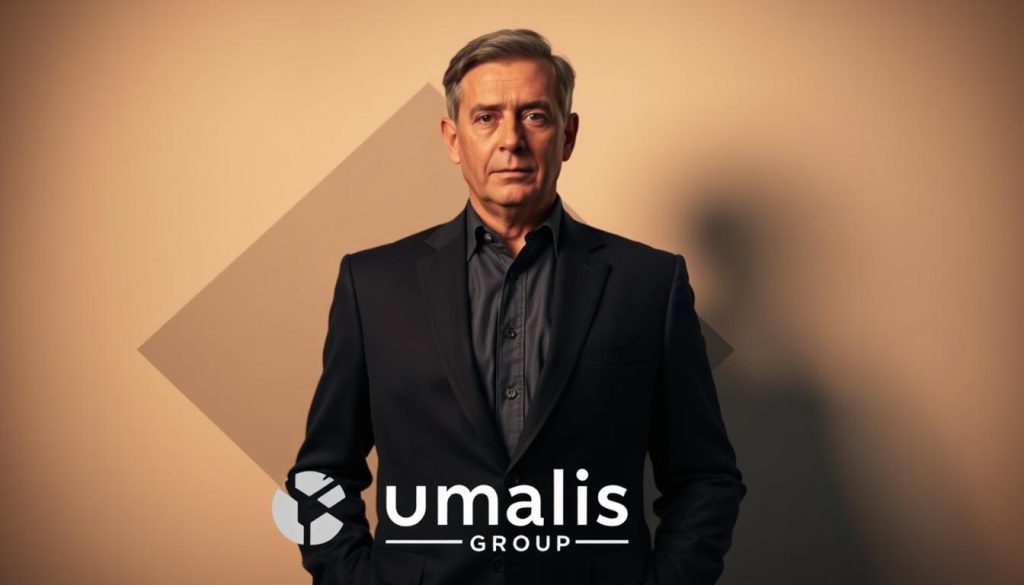 A distinguished figure stands confidently against a backdrop of geometric shapes and a subtle gradient, their gaze projecting an aura of authority and insight. Warm lighting from above casts a pensive expression, the subject's body language exuding an air of thoughtful leadership. In the foreground, the Umalis Group logo sits prominently, subtly positioning the individual as a thought leader associated with the brand. The scene evokes a sense of intellectual gravitas, inspiring the viewer to consider the subject's expertise and the value they could bring to the article's topic of maximizing online visibility for independent professionals.