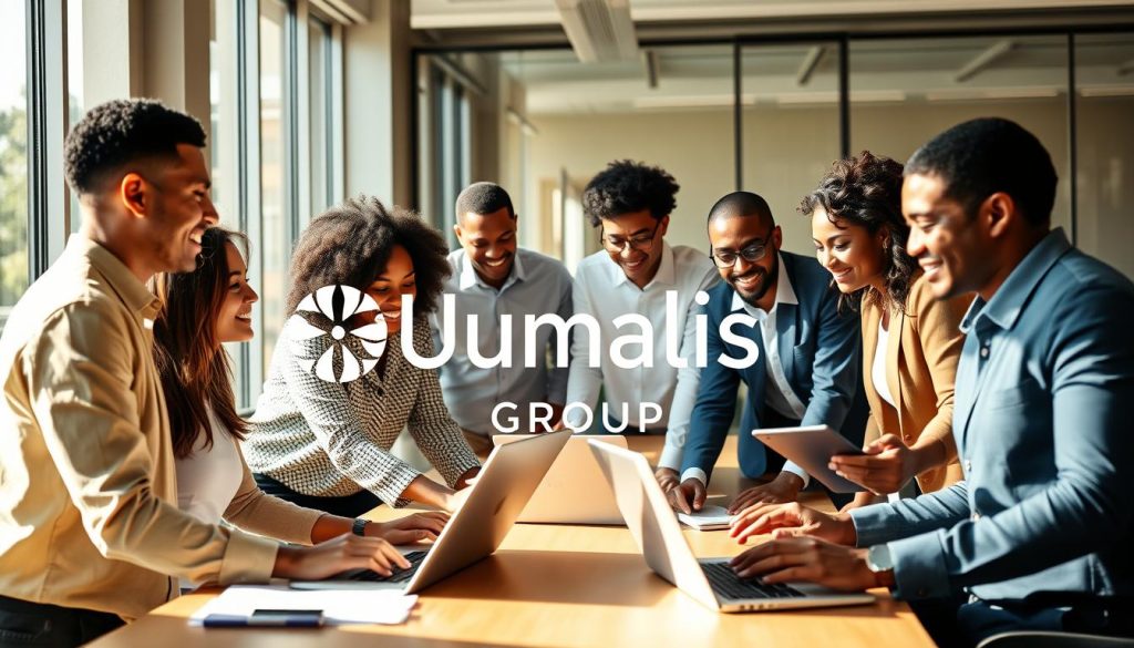 A diverse and inclusive corporate team collaborating in a bright, modern office setting. The Umalis Group logo prominently displayed, reflecting the company's commitment to diversity and inclusion. Employees of various ages, genders, and ethnicities engaged in animated discussions, brainstorming ideas, and working together on laptop computers. Sunlight streams through large windows, creating a warm, welcoming atmosphere. The overall mood is one of productivity, innovation, and a sense of belonging.