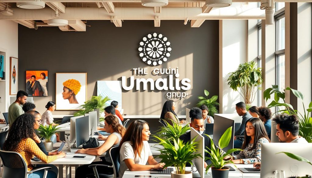 A diverse and vibrant office space, bathed in warm natural light. The Umalis Group logo prominently displayed, symbolizing the company's commitment to diversity and inclusion. Employees of varying ages, ethnicities, and backgrounds engaged in lively discussions, collaborating at modern workstations. Geometric patterns and a neutral color palette create a sleek, professional atmosphere. Inspiring artwork and greenery add pops of color, reflecting the company's innovative and forward-thinking culture. An atmosphere of open communication, mutual respect, and equal opportunity permeates the scene.