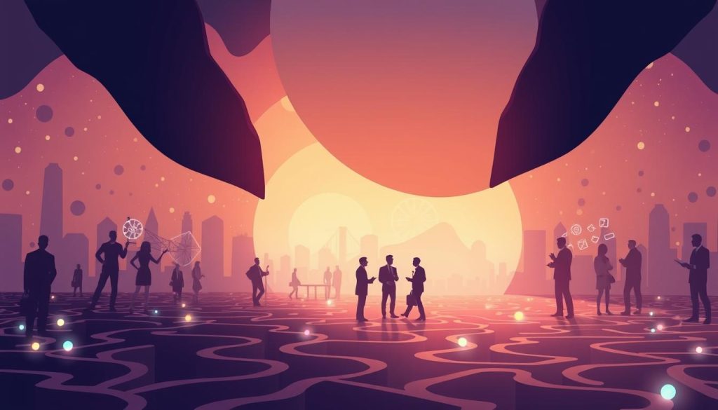 A diverse array of career opportunities, each hidden behind a veil of intrigue, emerges from the shadows. A kaleidoscope of possibilities - entrepreneurial ventures, freelance roles, and niche specialties - shimmer in the soft, ambient light, waiting to be discovered. In the foreground, a maze of interconnected pathways symbolizes the power of professional networking, guiding the viewer towards these hidden gems. The middle ground features silhouettes of individuals engaged in lively discussions, hinting at the value of meaningful connections. The background scene is a blend of ethereal hues, evoking a sense of infinite potential and the limitless nature of career trajectories. The overall atmosphere is one of mystery, exploration, and the promise of unlocking new professional horizons.