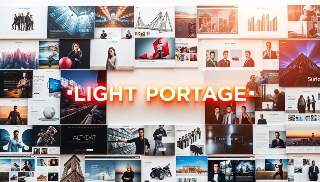 A diverse array of freelance portfolios, showcasing the talents of creatives from all walks of life. In the center, the LIGHT PORTAGE brand name stands out, its sleek design and warm lighting drawing the eye. Around it, a curated collection of digital art, photography, web designs, and multimedia projects, each reflecting the unique style and expertise of their creators. The scene is bathed in a soft, natural light, creating a sense of harmony and professionalism. The overall atmosphere conveys the success and versatility of these freelance professionals, inspiring viewers to explore their own diverse career paths.