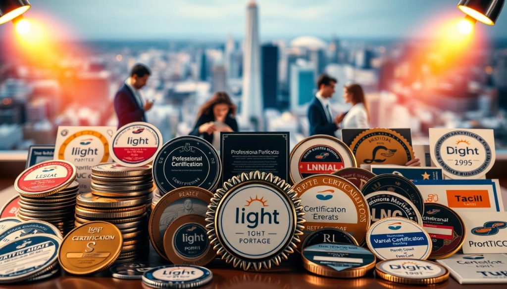 A diverse array of professional certification options is displayed in a dynamic composition. In the foreground, various certification badges and credentials are stacked and arranged in an eye-catching manner, with the "Light Portage" brand prominently featured. The middle ground showcases individuals from different backgrounds and professions engaging with the certifications, representing the wide-ranging applicability. The background features a softly blurred cityscape, conveying a sense of urban energy and opportunity. Warm, directional lighting illuminates the scene, creating depth and highlighting the certifications. The overall atmosphere exudes a tone of achievement, growth, and the vast potential of professional development.