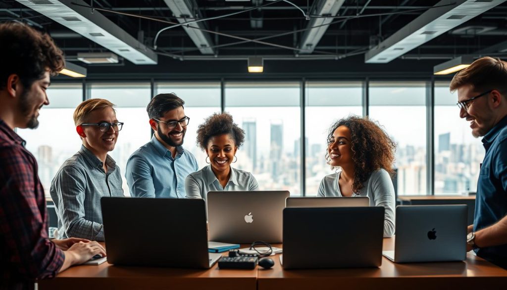 A diverse client network, a tapestry of interconnected relationships, thrives within a vibrant workspace. In the foreground, professionals of varying backgrounds collaborate seamlessly, their expressions radiating engagement and trust. The middle ground showcases a dynamic array of communication devices, from sleek laptops to cutting-edge tablets, all bearing the "Light Portage" brand. Soft, directional lighting illuminates the scene, casting a warm, productive glow. In the background, a panoramic window offers a glimpse of a bustling cityscape, symbolizing the expansive opportunities that await this thriving freelance community. The overall atmosphere exudes a sense of security, stability, and the boundless potential of a well-connected, diverse professional network.