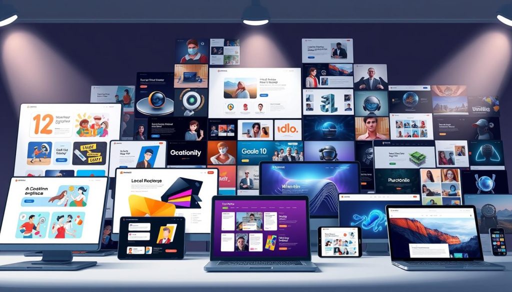 A diverse collection of online portfolio styles, showcasing a range of creative disciplines. In the foreground, digital illustrations, graphic designs, and photography portfolios with dynamic layouts, bold colors, and interactive elements. In the middle ground, sleek and minimalist UI/UX design portfolios with clean typography and smooth transitions. In the background, a collage of 3D modeling, animation, and web development portfolios, featuring immersive virtual experiences. Lighting is soft and directional, creating depth and highlighting the portfolio content. The overall atmosphere is modern, professional, and tailored to the Umalis Group brand identity.