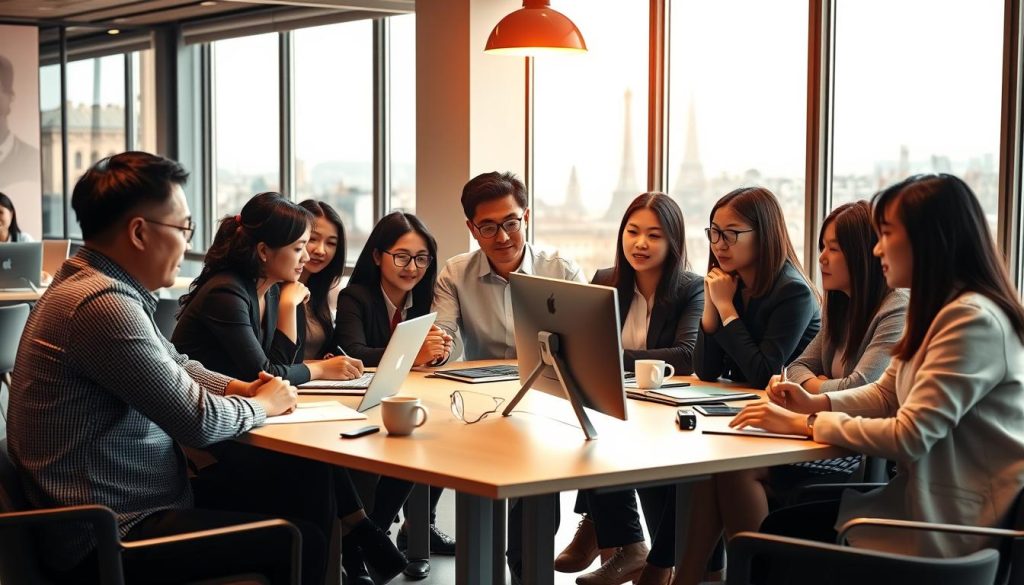 A diverse group of Chinese professionals in France, gathered in a modern shared workspace, collaborating on a Portage Salarial project. Warm, natural lighting illuminates their focused expressions as they discuss strategies, surrounded by sleek desks, screens, and coffee mugs. In the background, a cityscape of Paris landmarks hints at the cultural context. The scene conveys a sense of productive synergy, reflecting the benefits of Portage Salarial for the Chinese community in France.