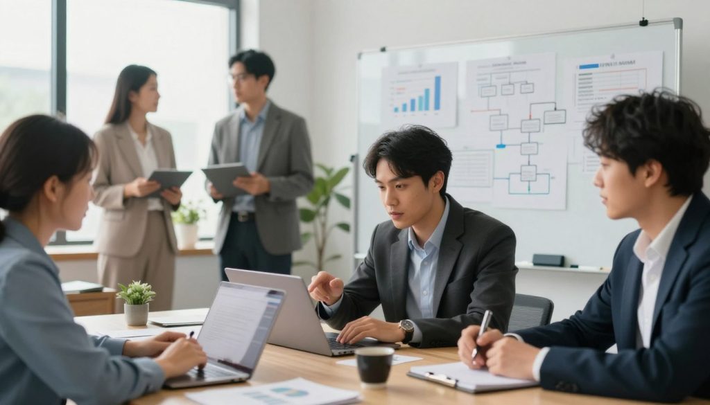 A diverse group of IT professionals engaged in discussions around a conference table. In the foreground, two individuals are collaborating on a laptop, both dressed in professional business attire. One person is pointing at the screen while the other takes notes. In the middle layer, a large whiteboard filled with charts and flow diagrams symbolizes project management and tech solutions. In the background, a bright and modern office space with large windows and plants creates a welcoming atmosphere. Soft, diffused natural light filters in, enhancing the scene. The overall mood is focused and innovative, reflecting the dynamic nature of the IT consulting and salary portage field. A diverse group of IT professionals engaged in discussions around a conference table. In the foreground, two individuals are collaborating on a laptop, both dressed in professional business attire. One person is pointing at the screen while the other takes notes. In the middle layer, a large whiteboard filled with charts and flow diagrams symbolizes project management and tech solutions. In the background, a bright and modern office space with large windows and plants creates a welcoming atmosphere. Soft, diffused natural light filters in, enhancing the scene. The overall mood is focused and innovative, reflecting the dynamic nature of the IT consulting and salary portage field.