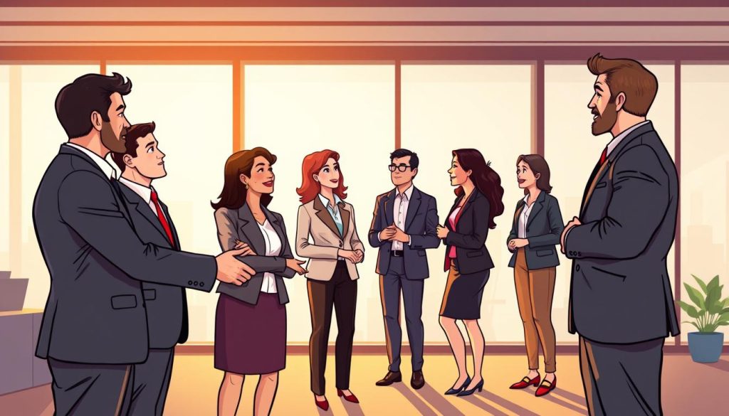 A diverse group of business professionals shake hands against a backdrop of a sleek, modern office environment. Warm, diffused lighting from large windows casts a soft glow, creating an atmosphere of trust and collaboration. In the foreground, two men in tailored suits and a woman in a stylish blouse and skirt stand together, their body language conveying a sense of mutual respect and understanding. In the middle ground, other colleagues converse animatedly, their expressions focused and engaged. The overall scene suggests a long-standing, productive partnership built on open communication, shared goals, and a commitment to success.
