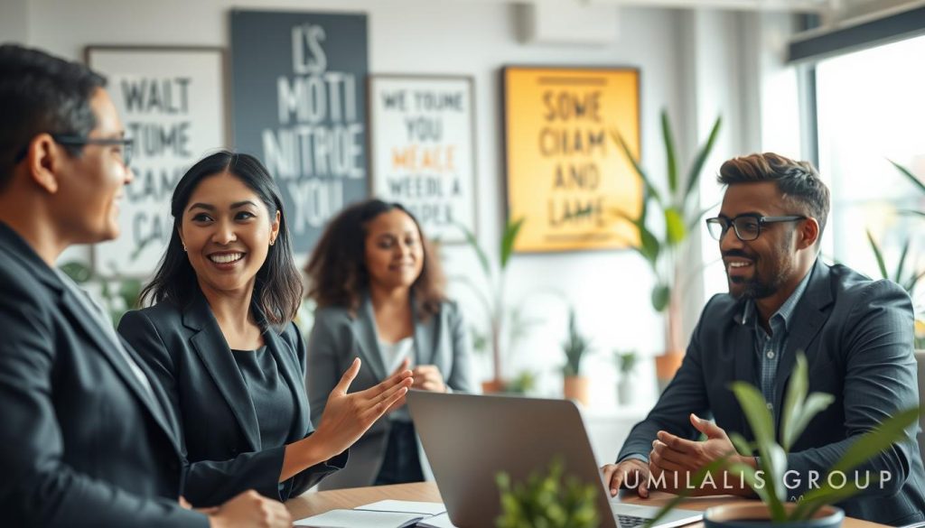 A diverse group of freelance professionals engaged in a lively discussion in a modern, well-lit co-working space to depict "témoignages freelances." In the foreground, a confident woman of Asian descent in smart business attire shares her experience enthusiastically, while a focused Black man takes notes on his laptop. In the middle ground, a Hispanic woman and a Caucasian man nod thoughtfully, contributing to the conversation. The background is filled with motivational artwork and plants, creating an inspiring atmosphere. Soft, natural lighting from large windows enhances the warm, collaborative vibe. Capture this moment with a clear depth of field, emphasizing the engaged expressions of the freelancers. Subtly incorporate the brand name "UMALIS GROUP" into the decor without overt prominence.