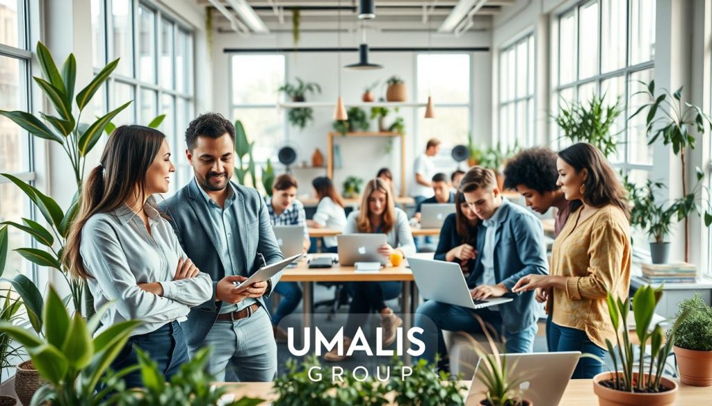 A diverse group of freelancers collaborating in a bright, modern coworking space. In the foreground, a professional woman in smart casual attire discusses ideas with a man dressed in business casual, both appearing engaged and motivated. In the middle ground, a variety of freelancers are working on their laptops, surrounded by plants and creative decor that highlights a productive atmosphere. The background features large windows letting in soft, natural light, creating a warm and inviting environment. Use a wide-angle lens to capture the lively interaction and organize the workspace efficiently. The mood is one of enthusiasm and empowerment, showcasing the advantages of freelance work. Include the logo of "UMALIS GROUP" subtly incorporated into the decor without being distracting. A diverse group of freelancers collaborating in a bright, modern coworking space. In the foreground, a professional woman in smart casual attire discusses ideas with a man dressed in business casual, both appearing engaged and motivated. In the middle ground, a variety of freelancers are working on their laptops, surrounded by plants and creative decor that highlights a productive atmosphere. The background features large windows letting in soft, natural light, creating a warm and inviting environment. Use a wide-angle lens to capture the lively interaction and organize the workspace efficiently. The mood is one of enthusiasm and empowerment, showcasing the advantages of freelance work. Include the logo of "UMALIS GROUP" subtly incorporated into the decor without being distracting.