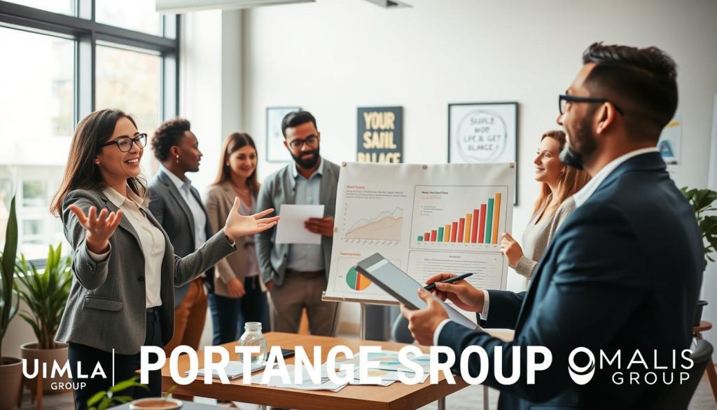 A diverse group of independent professionals engaged in a lively discussion, highlighting the benefits of portage salarial. In the foreground, a confident woman in professional attire gestures enthusiastically, while a man in a smart casual outfit takes notes on a laptop. In the middle ground, additional team members collaborate over charts and graphs illustrating financial advantages and work-life balance. The background features a modern office space with large windows allowing natural light to flood in, creating a warm atmosphere. Subtle elements representing growth, such as plants and motivational posters, are visible. The scene conveys a sense of empowerment and teamwork. Branding elements subtly incorporate "UMALIS GROUP," aligned with a productive environment, showcasing the potential of portage salarial for independence.