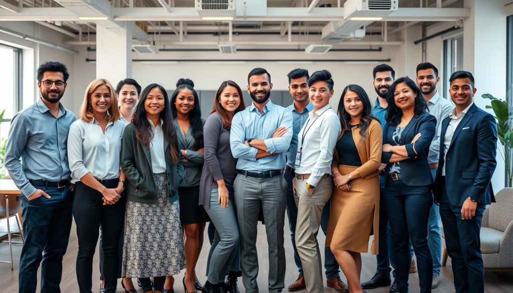 A diverse group of individuals representing various professions and backgrounds, standing together in a vibrant, well-lit setting. In the foreground, a team of Umalis Group consultants, their expressions and body language conveying a sense of collaboration and inclusivity. In the middle ground, a mix of office workers, freelancers, and entrepreneurs, each unique in their attire and demeanor, showcasing the breadth of the gig economy. The background features a modern, open-concept workspace, with sleek furniture, natural lighting, and a touch of greenery, creating an atmosphere of innovation and progress.
