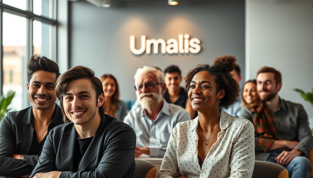 A diverse group of individuals sitting in a modern office space, representing various audience personas for an independent business. In the foreground, a young professional with a stylish haircut and a confident expression, a middle-aged entrepreneur with a warm smile, and a retired executive with a thoughtful gaze. In the middle ground, a group of millennials engaged in a lively discussion, their faces illuminated by the soft, natural light filtering through the large windows. In the background, a sleek, minimalist interior design with the Umalis Group logo prominently displayed on the wall, creating a sense of professionalism and expertise. The overall atmosphere is one of collaboration, creativity, and a deep understanding of the target audience.