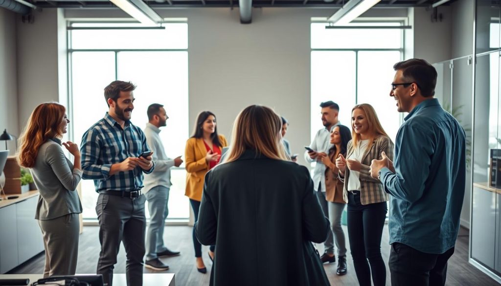 A diverse group of people in a modern, well-lit office space, representing a collaborative community of social media influencers. In the foreground, a team of UMALIS GROUP professionals engage in animated discussions, brainstorming ideas and planning social media campaigns. In the middle ground, other influencers and community members exchange insights, sharing content and building connections. The background features sleek, minimalist decor, with large windows allowing natural light to flood the space, creating an atmosphere of creativity and productivity. The overall scene conveys the synergy and dynamism of a thriving, interconnected influencer community.