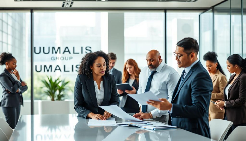 A diverse group of professional consultants engaged in a collaborative meeting around a modern conference table, exuding a sense of teamwork and professionalism. In the foreground, two consultants, a Black woman and a Caucasian man, are discussing and analyzing documents, dressed in formal business attire. In the middle ground, additional team members contribute ideas, showcasing a variety of ethnic backgrounds, creating a rich tapestry of cultural diversity. The background features a sleek office environment with large windows allowing natural light to flood in, casting soft shadows. The atmosphere is vibrant, embodying a spirit of growth and partnership. The brand name "UMALIS GROUP" is subtly incorporated into the office decor, reinforcing the professional theme.
