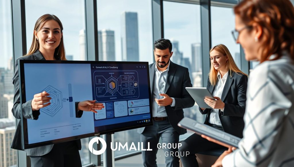 A diverse group of professional consultants engaged in a strategy session, focused on generative AI and LLMs, is positioned in a modern office setting. In the foreground, a confident woman in smart business attire is presenting a digital diagram of an AI framework on a large screen. In the middle ground, an attentive man in a casual but polished outfit takes notes, while another colleague analyzes data on a laptop. The background features sleek glass windows displaying a city skyline, providing a bright, natural lighting effect that enhances the productive atmosphere. The overall mood is one of innovation and teamwork, emphasizing the cutting-edge nature of AI consultancy. The logo "UMALIS GROUP" is subtly integrated into the scene, reinforcing the professional context. A diverse group of professional consultants engaged in a strategy session, focused on generative AI and LLMs, is positioned in a modern office setting. In the foreground, a confident woman in smart business attire is presenting a digital diagram of an AI framework on a large screen. In the middle ground, an attentive man in a casual but polished outfit takes notes, while another colleague analyzes data on a laptop. The background features sleek glass windows displaying a city skyline, providing a bright, natural lighting effect that enhances the productive atmosphere. The overall mood is one of innovation and teamwork, emphasizing the cutting-edge nature of AI consultancy. The logo "UMALIS GROUP" is subtly integrated into the scene, reinforcing the professional context.