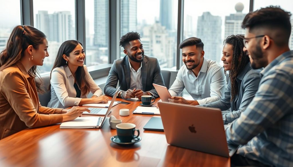 A diverse group of professional front-end developers in a modern office setting, sharing their positive experiences about portage salarial. In the foreground, a South Asian woman and a Black man engage in a friendly discussion, both dressed in business casual attire. The middle ground features a polished wooden conference table with laptops, notebooks, and coffee cups, suggesting a collaborative atmosphere. In the background, large windows showcase a bustling cityscape, letting in bright, natural light that enhances the warm colors of the room. The mood is upbeat and inspiring, reflecting teamwork and satisfaction in their work. The composition should be captured with a wide-angle lens to portray the entire scene, emphasizing the connection between the developers.