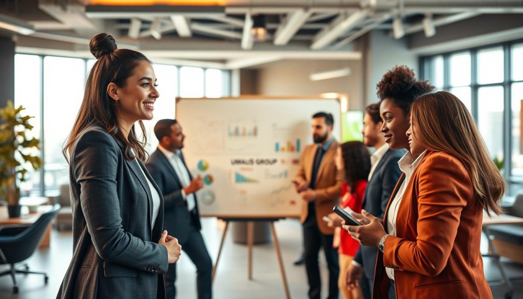 A diverse group of professional individuals engaged in a dynamic brainstorming session, symbolizing leadership and culture, at a modern office setting. In the foreground, a confident woman leads the discussion, her demeanor reflecting empowerment and innovation, while a blend of men and women share ideas, all dressed in professional business attire. In the middle ground, a large whiteboard filled with colorful charts and notes showcases collaboration and strategy. The background reveals a stylish open-office design with warm, natural lighting filtering through large windows, creating an inviting atmosphere. The mood is one of inclusivity and motivation, emphasizing teamwork and engagement. The brand "UMALIS GROUP" subtly incorporated into the office decor, reinforcing a sense of identity and purpose. A diverse group of professional individuals engaged in a dynamic brainstorming session, symbolizing leadership and culture, at a modern office setting. In the foreground, a confident woman leads the discussion, her demeanor reflecting empowerment and innovation, while a blend of men and women share ideas, all dressed in professional business attire. In the middle ground, a large whiteboard filled with colorful charts and notes showcases collaboration and strategy. The background reveals a stylish open-office design with warm, natural lighting filtering through large windows, creating an inviting atmosphere. The mood is one of inclusivity and motivation, emphasizing teamwork and engagement. The brand "UMALIS GROUP" subtly incorporated into the office decor, reinforcing a sense of identity and purpose.