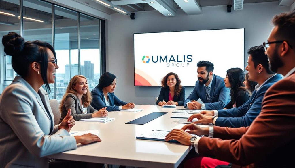 A diverse group of professional individuals in business attire gathered around a modern conference table, engaged in discussion and sharing experiences about "témoignages salariés portés". In the foreground, two people, a woman of Asian descent and a man of Black descent, are animatedly sharing insights, while others listen attentively. The middle layer features a well-lit, contemporary office environment with large windows letting in natural light, displaying a view of a bustling cityscape. In the background, a digital board displays the logo "UMALIS GROUP" subtly. The atmosphere is collaborative and inspiring, emphasizing empowerment and shared experiences in the context of the freelance employment model in France. The image captures a moment of connection and professional growth, illustrated with vibrant colors and a warm, inviting glow.