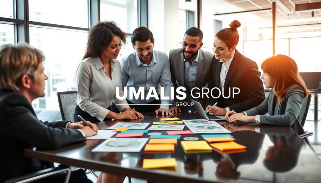 A diverse group of professionals collaborating around a modern conference table, engaged in a brainstorming session. The foreground features three individuals: one woman and two men, all dressed in professional business attire, discussing with enthusiasm. In the middle ground, vibrant post-it notes and charts about continuous training and mission diversification are spread across the table, symbolizing active engagement. The background showcases a bright, high-tech office with large windows allowing natural light to flood in, creating a dynamic and inspiring atmosphere. The overall mood is one of teamwork and innovation, reflecting the essence of collaboration and professional growth. Emphasize the brand name "UMALIS GROUP" subtly in a graphical element in the scene.