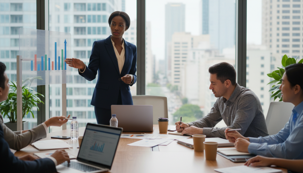 A diverse group of professionals engaged in a collaborative discussion, set in a modern office environment. In the foreground, a Black woman in business attire presents a graph on a screen, symbolizing expertise. Beside her, a Hispanic man is taking notes, looking focused and engaged. The middle layer features a round table with laptops, documents, and coffee cups, emphasizing a collaborative workspace. The background includes large windows letting in soft natural light, giving a bright and optimistic ambiance. The mood is professional yet inviting, reflecting the significance of soft skills in the context of "portage salarial." Include subtle hints of teamwork and communication, echoing the essential themes from portagesalarials.com without text or captions.