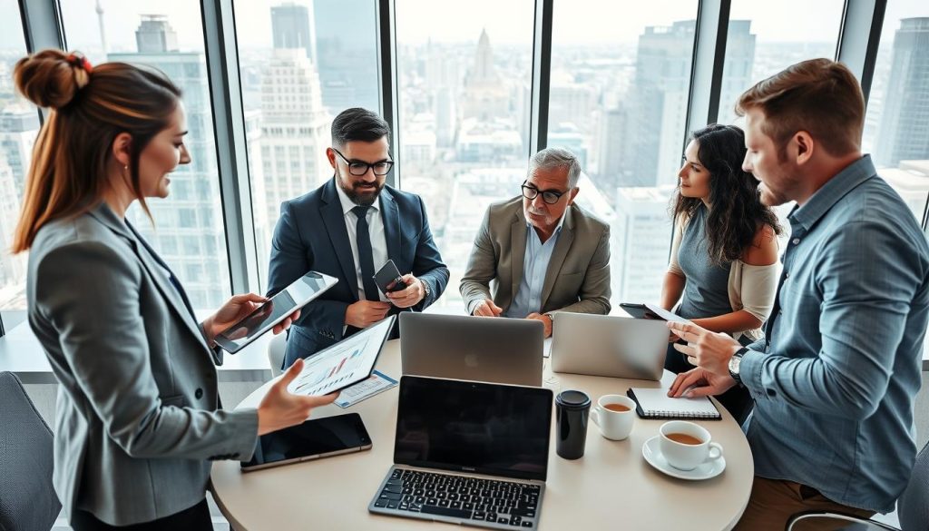 A diverse group of professionals engaged in a dynamic discussion in a modern office setting, exemplifying various profiles of individuals benefiting from "portage salarial." In the foreground, a woman in a tailored blazer and a man in business casual attire are analyzing charts on a tablet, while a middle-aged man in glasses shares insights. In the middle, a round table with laptops, notebooks, and coffee cups symbolizes collaboration. In the background, large windows reveal a bustling urban landscape, suggesting a promising professional environment. The lighting is bright and natural, creating an optimistic atmosphere. Use a wide-angle lens to capture the full scene, showcasing the teamwork and advantages of flexible work profiles in contemporary society.