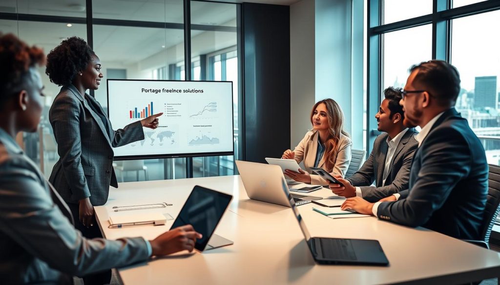 A diverse group of professionals engaged in a dynamic meeting, discussing "portage salarial" within a modern, well-lit office environment. In the foreground, a Black woman in a tailored business suit points to a digital presentation displaying charts and graphics about international freelance solutions. Beside her, a Hispanic man reviews documents on a tablet, focused and attentive. In the middle ground, a sleek conference table cluttered with laptops and notebooks, while a bright window offers a view of a city skyline in the background. The atmosphere is collaborative and energetic, showcasing a blend of cultural diversity and professionalism. Soft lighting accentuates faces, highlighting expressions of concentration and teamwork. Incorporate subtle branding of "UMALIS GROUP" in a corner of the presentation screen.