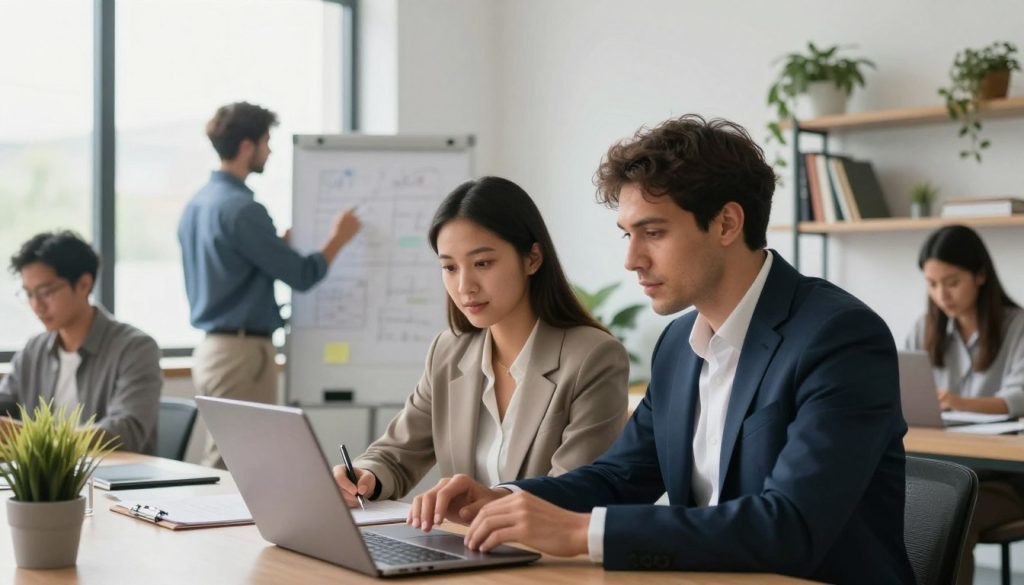A diverse group of professionals engaging in various forms of work, set in a modern office environment. In the foreground, a man in a sharp business suit and a woman in smart casual attire are collaborating over a laptop, looking engaged and focused. In the middle, a young woman is on a video conference call, while a man in the background is brainstorming ideas on a whiteboard. Large windows let in soft, natural light, creating a bright and inviting atmosphere. The background features shelves with books and decorative plants, reinforcing a professional yet creative space. The mood is productive and collaborative, emphasizing the versatility of activities permitted in portage salarial across various sectors. The perspective is slightly angled to capture the busy, engaging interactions among the team members.