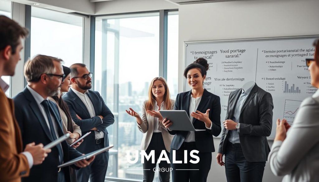 A diverse group of professionals gathered in a modern office environment, engaged in an animated discussion about "témoignages portage salarial." In the foreground, a middle-aged man in a sharp suit, and a young woman in smart-casual attire listen intently, taking notes on their laptops. In the middle, a professional woman confidently shares her experience, gesturing expressively. The background features large windows with a city skyline, allowing natural light to flood the space. A whiteboard displays charts and inspiring quotes related to portage salarial. The atmosphere is collaborative and energetic, evoking a sense of professionalism and shared knowledge. The prominent logo "UMALIS GROUP" subtly appears in the scene, enhancing the focus on client testimonials and professional development.