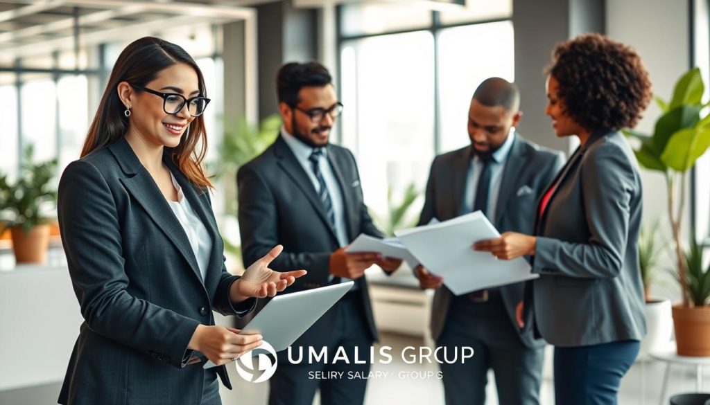 A diverse group of professionals in a modern office setting, engaged in lively discussion about salary portage. In the foreground, a confident woman in a crisp blazer and glasses takes notes on a laptop, while a man in a smart-casual outfit gestures expressively. In the middle-ground, two other professionals, one in a tailored suit and another in business-casual attire, are reviewing documents together, showcasing collaboration and teamwork. The background features a sleek, bright office with large windows letting in natural light, creating a warm and inviting atmosphere. Soft-focus elements like potted plants add a touch of greenery. The overall mood is dynamic and supportive, highlighting the benefits of flexible employment. An unobtrusive logo for "UMALIS GROUP" is subtly integrated into the office environment, emphasizing professionalism.